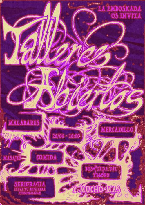 amb rosa sobre lila: la emboskada os invita: Talleres abiertos. malabares, mercadillo, comida, masajes, bsúsqueda del tesoro, serigrafía (lleva tu ropa para personalizar), y mucho más