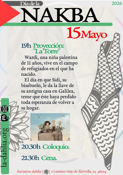 Cartel con fondo sobre una especie de hoja arrugada con círculos de tenues colores asomando abajo como fondo gris, sobre éste aparece una descripción de la actividad con una imagen de la proyección donde se ven los muñecos de una joven y un viejo cogidos de la mano. Encabeza el cartel una adaptación libre de la bandera Palestina donde se lee "día de la Nakba" y la fecha de la actividad. En el lateral aparece un dibujo del territorio original del pueblo palestino antes de la Nakba con la textura de la Kufiya.
