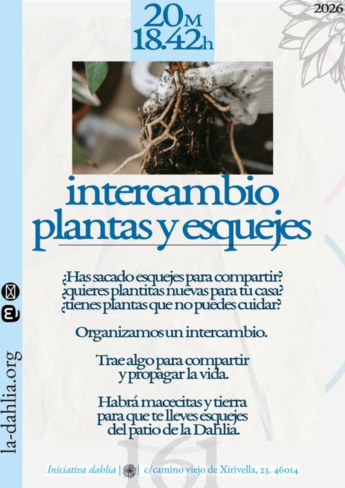 Cartel con fondo sobre una especie de hoja arrugada con círculos de tenues colores asomando abajo como fondo gris, sobre este aparece una descripción de la actividad con una imagen de una mano enguantada haciendo un transplante. En marca de agua se puede ver el logo de la dahlia y un 161 en referencia a la Antifascist Action.