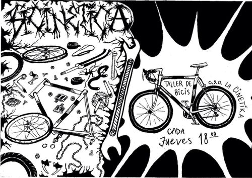 Cartell en blanc i negre estrident. La meitat mostra parts de bici i eines amb "Bicinètika" en lletres estridents (la A és el símbol d'anarquia). L'altra metiat, separada per una doble clau fixa, hi ha una bicicleta sencera en mig d'una explosió. Al voltant de la bicicleta hi diu "Taller de bicis. CSO La cinètika. Cada jueves 18:00h"