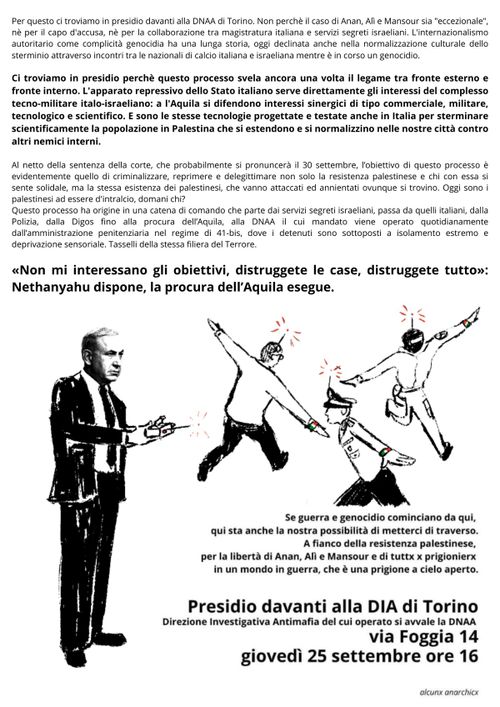 Presidio davanti alla DIA - Dal processo contro la resistenza palestinese, contro Anan Alì Mansour, al ruolo attivo della DNAA nel progetto di sterminio sionista