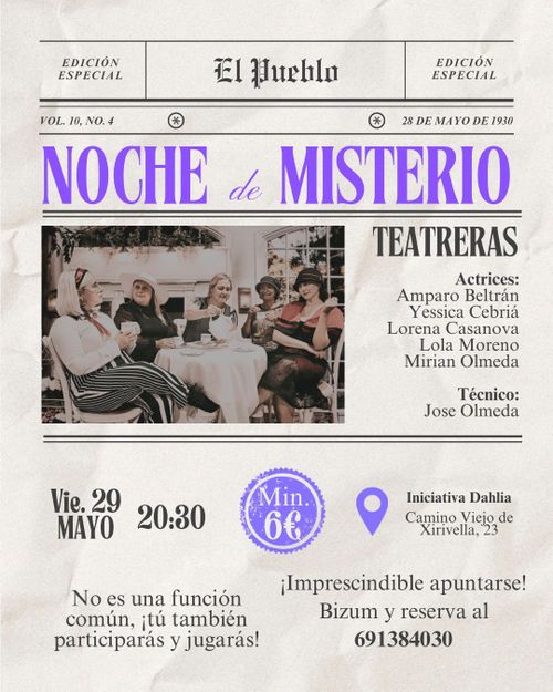 portada del periódico "el pueblo" de 1930 con una foto de las actrices tomando algo en un cafe de época, con el nobre de las actrices a pie de foto. Fecha, horario y ubicación de la actuación