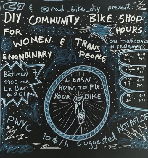DIY community bike shop hours: for women & trans & nonbinary people