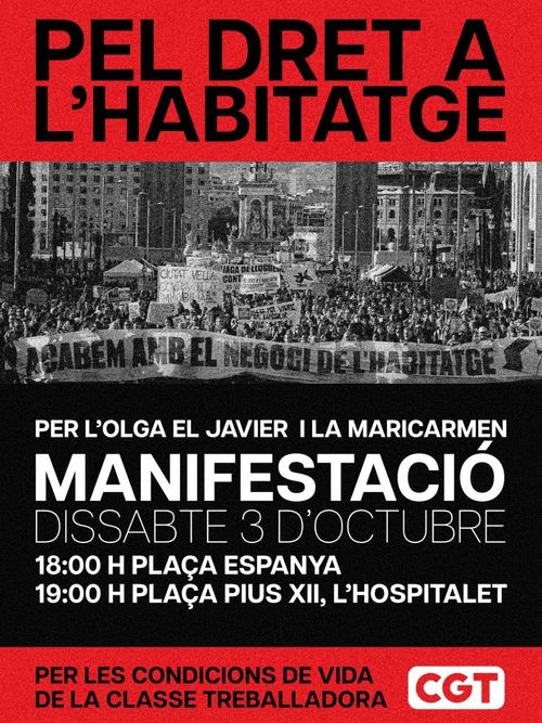 Pel dret a l' habitatge, per les condicions de vida de la classe treballadora. Cartell en negre i vermells. Foto de fons en grisos de mani massiva per l' habitatge a plaça espanya.