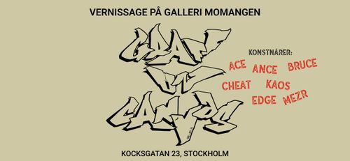 Graff on Canvas (Vernissage) The name is written in graffiti style and contains all the names of the artists involved. It looks like it has been printed with stamps on a brown recylced paper