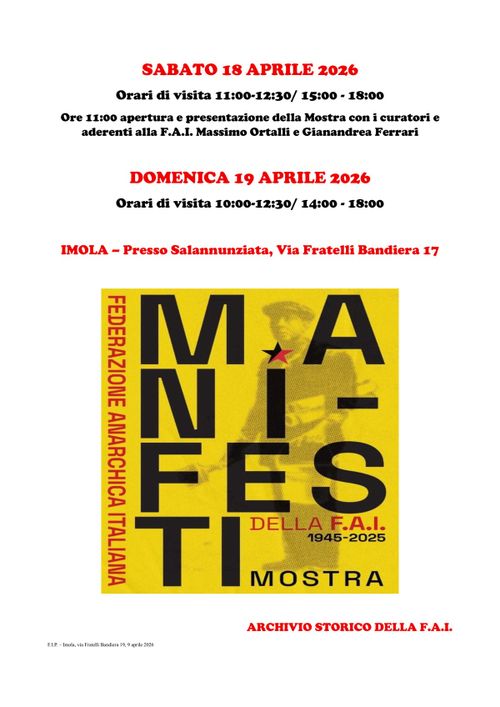 Imola - Mostra Manifesti della F.A.I. 1945-2025 - SABATO 18 APRILE & DOMENICA 19 APRILE 2026