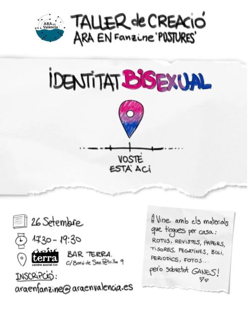 Cartell amb el títol "Taller de Creació ARA EN Fanzine 'Postures'" a la part superior.
Al centre del cartell hi ha el text "Identitat Bisexual" junt al dibuix d'un marcador d'ubicació amb els colors de la bandera bisexual (rosa, morat i blau) que senyala un punt sobre un eix horitzontal.

A la part inferior esquerra del cartell hi ha  la informació de la convocatòria: 26 de setembre, de 17:30 a 19:30h, al Bar Terra.
A la dreta hi ha una nota. "Vine amb els materials que tingues per casa: rotus, revistes, papers... però sobretot GANES!"