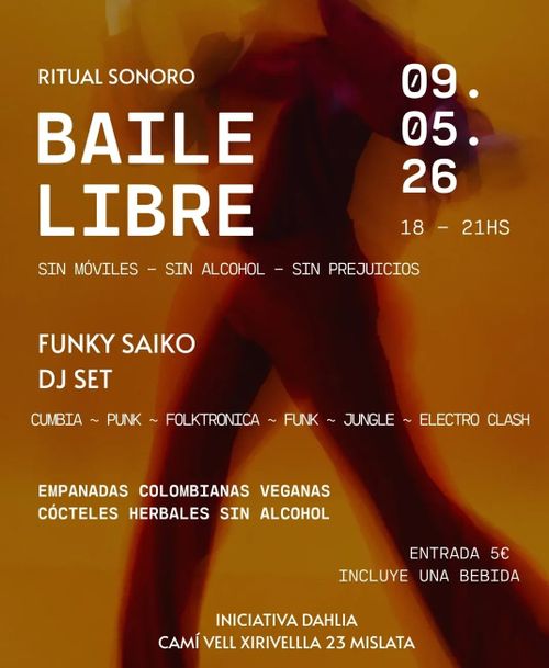 cartel naranja con una somba oscura en el centro ocupando toda la parte central del cártel de arriba a abajo en a aparente movimiento de baile, sobre éste aparece en blanco y mayúsculas BAILE LIBRE, con el resto de descripciones de la actividad
