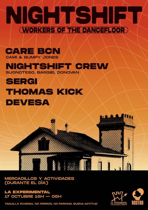Cartell en tons taronja-groguencs, amb una graella fent corbes que fan pensar en música electrònica. Lletres en negre sobre taronja o taronja sobre negre. El perfil de la casa de la Experimental amb molt ocntrast i efecte dithering com de diari, de punts gruixuts.