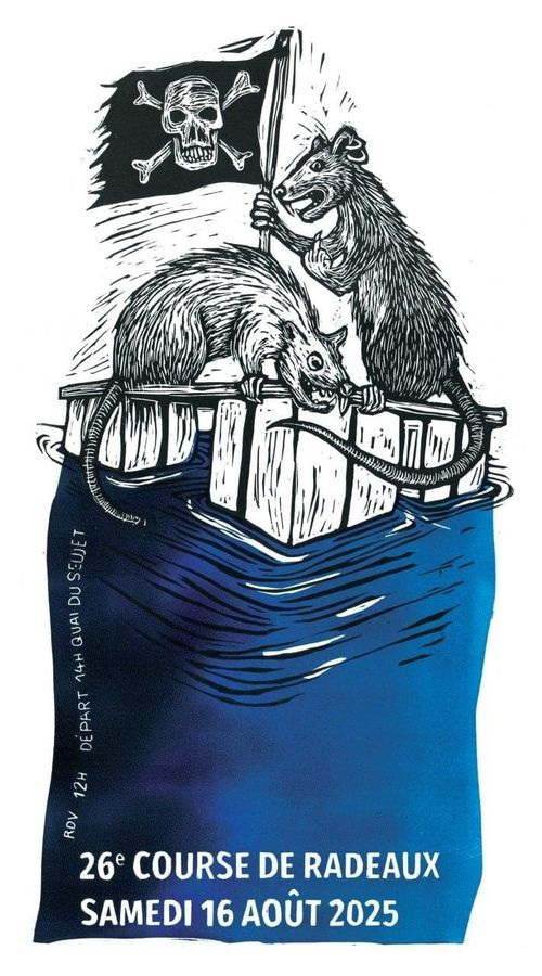 26e Course de Radeaux. Two rats waving pirate flags on a raft
