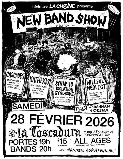 La Chaîne NEW BAND SHOW 2026. black and white drawing of punks at a show. the bands are on the punks' back patches. 