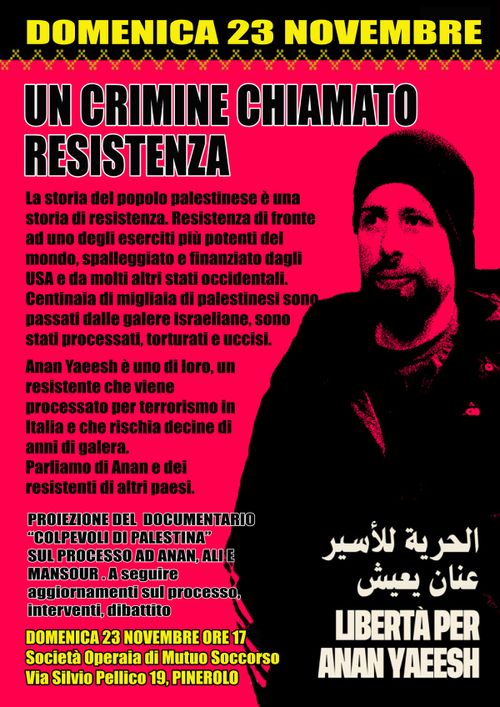 Un crimine chiamato Resistenza - Dibattito e Proiezione di "Colpevoli di Palestina" sul processo ad Anan, Ali e Mansour