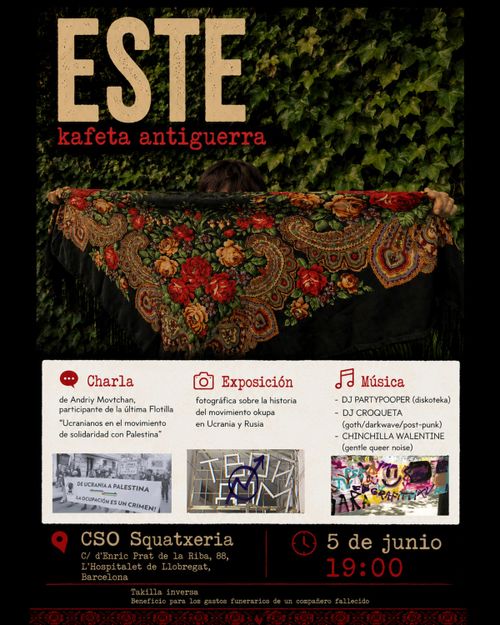 ESTE kafeta antiguerra. Un mocador  amb motius florals sobre un fons d'heura o planta enfiladissa. A sota, descripció de l'activitat: Charla, Exposición, Música.