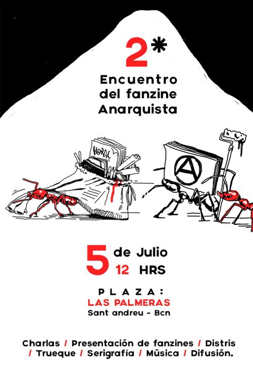 Segundo encuentro del fanzine anarquista. Hormigas arrastrando una bolsa de fanzines y carteles, pegatinas   y un rodillo para encolar. dibujo en negro con un poco de rojo, sobre  blanco.