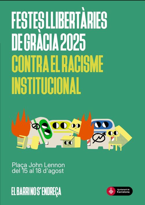 cartell d'estil pla, imitant la campanya de civisme de l'ajuntament de barcelona. Els contenidors de la campanya apareixen tombats, pintats, en flames, i amb mobles pel mig amb cares de circumstàncies
