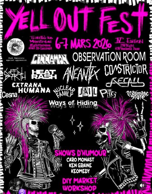 Yell Out Fest – a poster with a drawing of two punk skeletons with pink hair. Yell out fest, 6-7 mars 2026, 4th edition. 