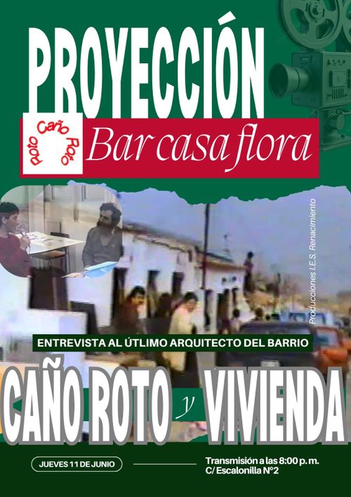 Vecinxas este jueves visualizaremos en “el Flora” a las 20h esta entrevista, de unos 30 minutos, realizada en el 1987 al último arquitecto de Caño Roto, sobre la cuestión de la vivienda en Madrid. 
Este video, montado y realizado desde el I.E.S. Renacimiento (Miguel Servet) muestra además imagenes del barrio y el Madrid de la época.