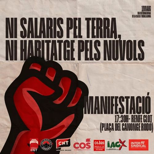 puny alçat roig i negre, signat per la CGT, Solidaritat obrera, CNT Catalunya - Balears, COS, co.bas, IAC, Intersindical