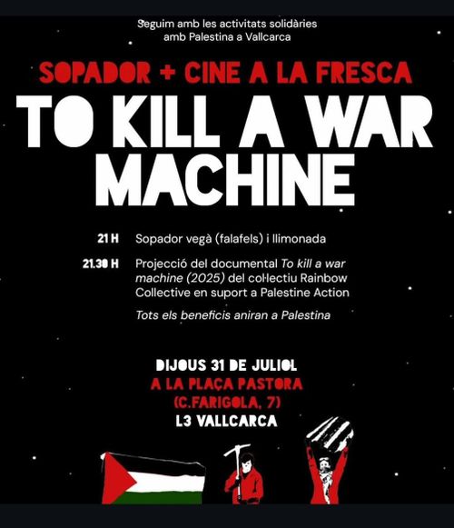 Un cartell de fons negre, amb lletres grosses en blanc i en vermell amb el programa, inclòs a la descripció. Al peu, una bandera de palestina, una persona amb un pic, i una altra amb una mena d'escut flexible, tapada amb una kufiya palestina.