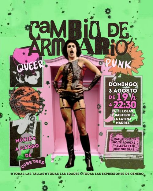 en el cartel se muestra al personaje principal de The Rocky Horror Picture Show saliendo de un armario rosa vintage con ilustraciones sucias y de colores vibrantes a los lados, con los textos indicativos por encima