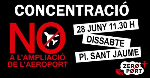 cartell senzill amb la data i lloc, un logo que diu NO amb un avió ratllat dins la O, i segueix a sota (NO) a l'ampliació de l'aeroport.