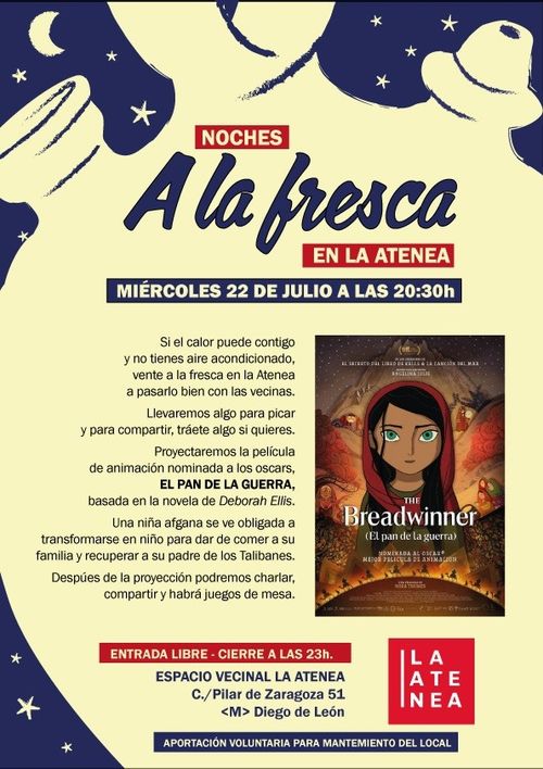 A LA FRESCA en la Atenea📣 Encuentro el próximo miércoles 22 *A LA FRESCA💦* en la Atenea. Con la proyección de la película de animación *EL PAN DE LA GUERRA*, basada en la novela de Deborah Ellis. Una niña afgana con su padre detenido por los talibanes, se ve obligada a transformarse en niño para dar de comer a su familia. Premiada y emocionante película sobre feminismo, infancia, solidaridad y derechos humanos.  Después tendremos picoteo de traje, tráete algo para compartir...  Vente de 20:30 a 23h y baja unos grados!! 🌡️