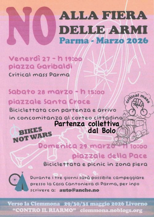 appuntamento per una partenza collettiva dalla stazione per raggiungere Parma e pedalare in massa per dire no alla fiera delle armi
