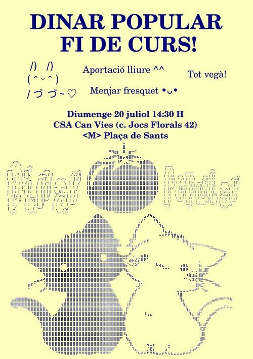 ASCII ART de dos gatets fent-se moixaines, a sobre un tomàquet i unes lletres en 3D (també a base de punts i barres) que diuen Dinar Popular. Conillets, cors, cares somrients.