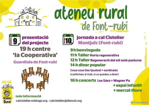 ateneu rural de font-rubí. dos dies d'activitats. dibuixats, un cercle de cadires, cal cisteller amb lletra lligada