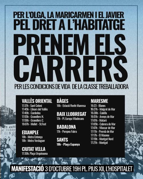 Columnes per la mani d'Habitatge. Horaris des de diverses poblacions i barris del Vallès Oriental, Bages, Maresme, Badalona, Baix Llobregat i barris del Barcelona